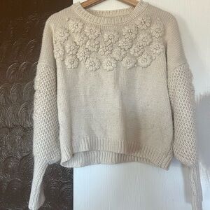 Anthropologie Cream Sweater with Floral Accents
